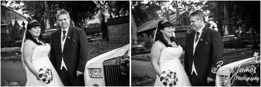 Bride and father arrival in Rolls Royce Limousine at Rushall Parish Church in Walsall by Walsall Wedding Photographer Barry James