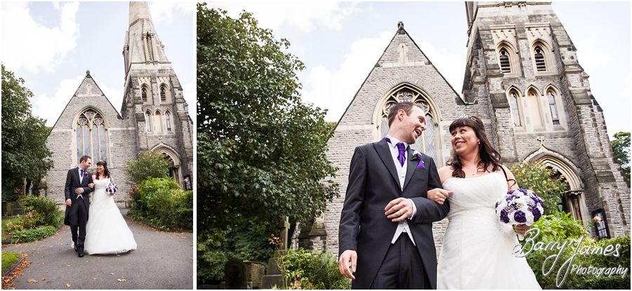 Fun and relaxed photographs of the bride and groom at Rushall Parish Church in Walsall by Walsall Wedding Photographer Barry James
