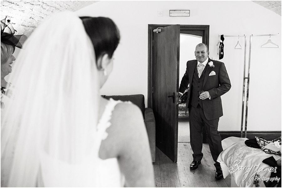 Candid photos of the wonderful reaction of the Father of the Bride seeing his daughter at Hawkesyard Estate in Rugeley by Rugeley Wedding Photographer Barry James