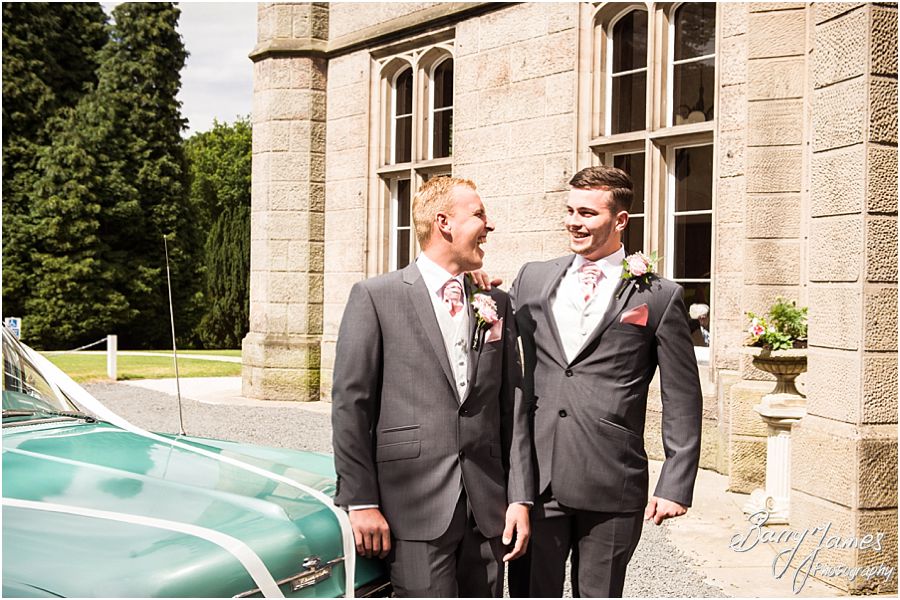 Natural contemporary photos of the groom and groomsmen outside the hall at Hawkesyard Estate in Rugeley by Rugeley Wedding Photographer Barry James