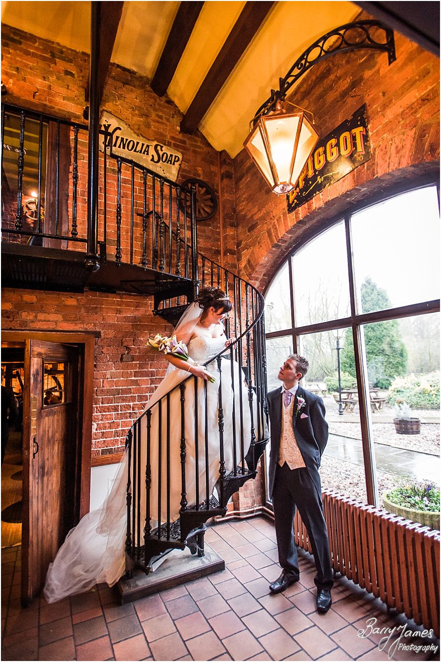 Natural creative indoor portraits of Bride and Groom at The Mill in Worston by Stafford Wedding Photographer Barry James