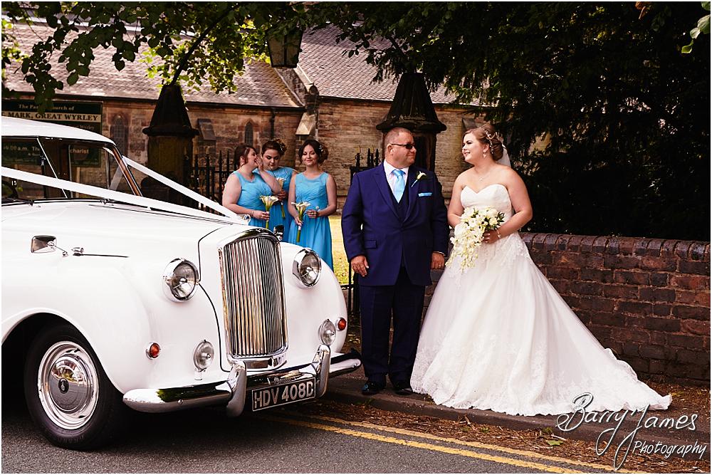 Creative and candid photographs of the bridal party arriving in style for the wedding ceremony at St Marks Church in Great Wyrley by Cannock Wedding Photographer Barry James