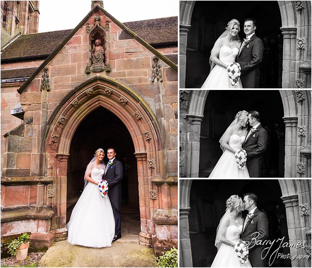 Creative bride and groom portraits in the fabulous doorway at Hoar Cross Hall in Staffordshire by Stafford Wedding Photographer Barry James