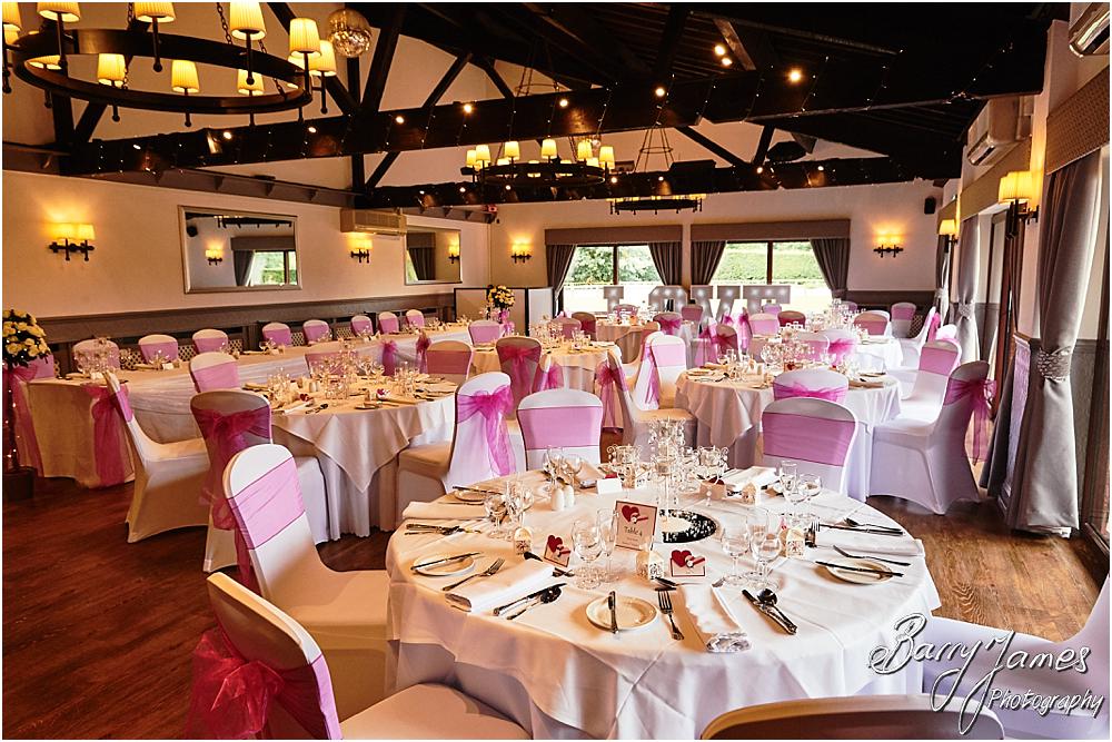 Beautiful wedding breakfast set out and decorated by Venue Creations at Oak Farm Hotel in Cannock by Cannock Wedding Photographer Barry James