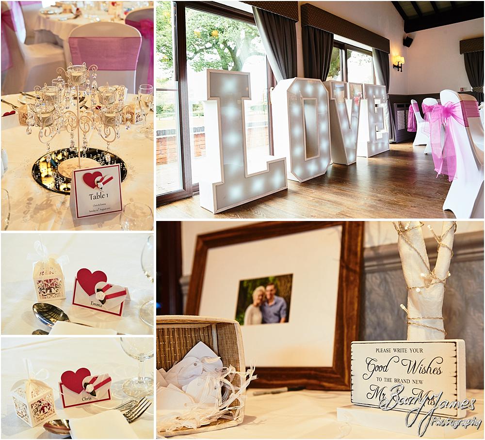 Beautiful wedding breakfast set out and decorated by Venue Creations at Oak Farm Hotel in Cannock by Cannock Wedding Photographer Barry James